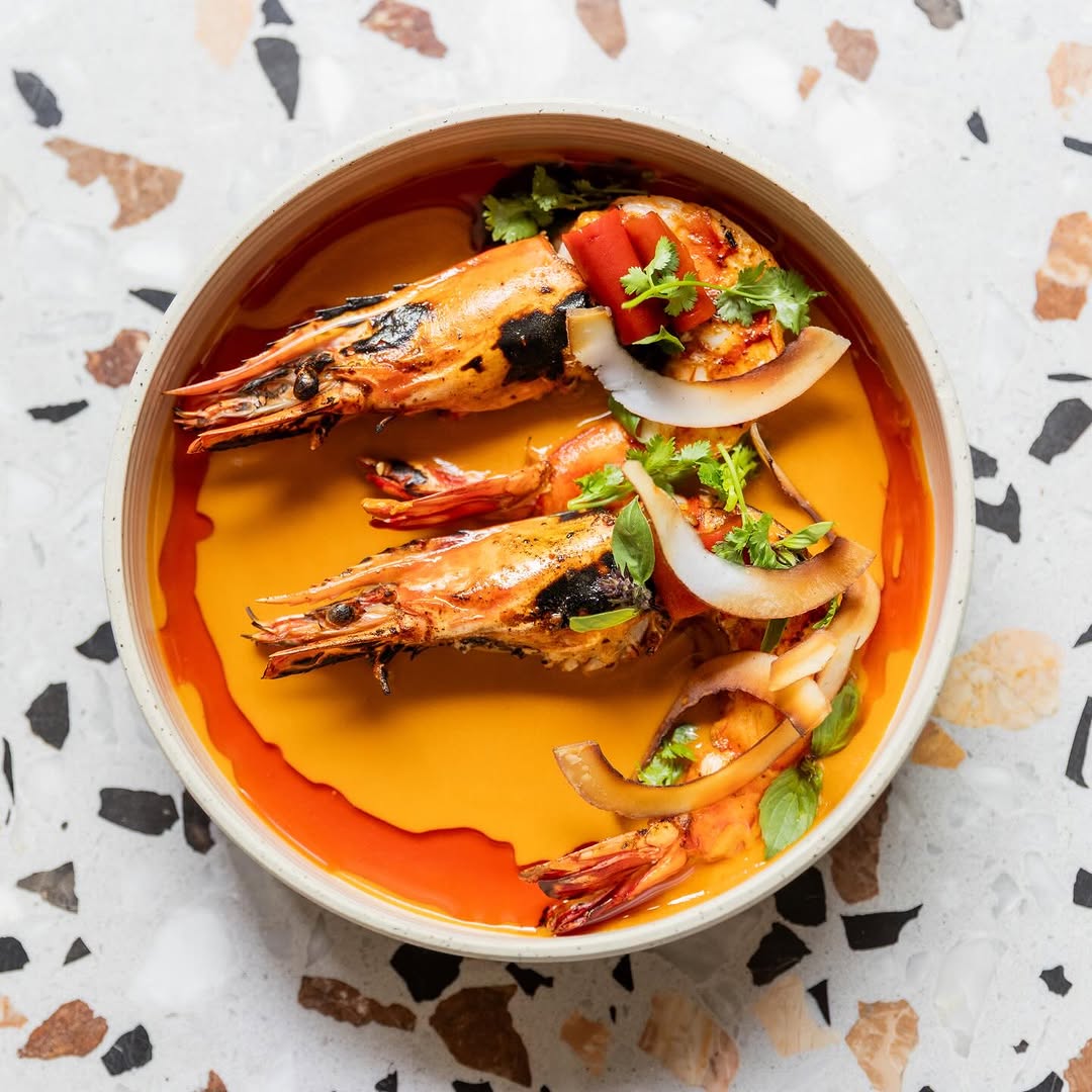 Chipotle Butter Grilled Prawns — Red Pepper Tamarind Curry, Ponzu Peppers
